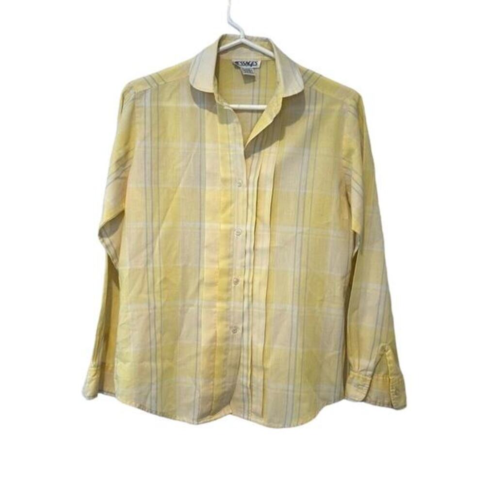 Vtg‎ Womens Yellow Pastel Plaid Button Down Shirt Sz Medium Granny Grandmacore